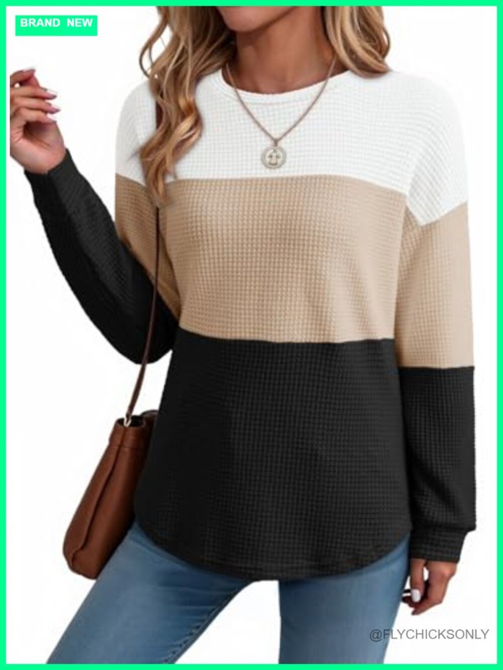 Oversized Waffle Knit Long Sleeve Tunic Top Crewneck Puff Sleeve
